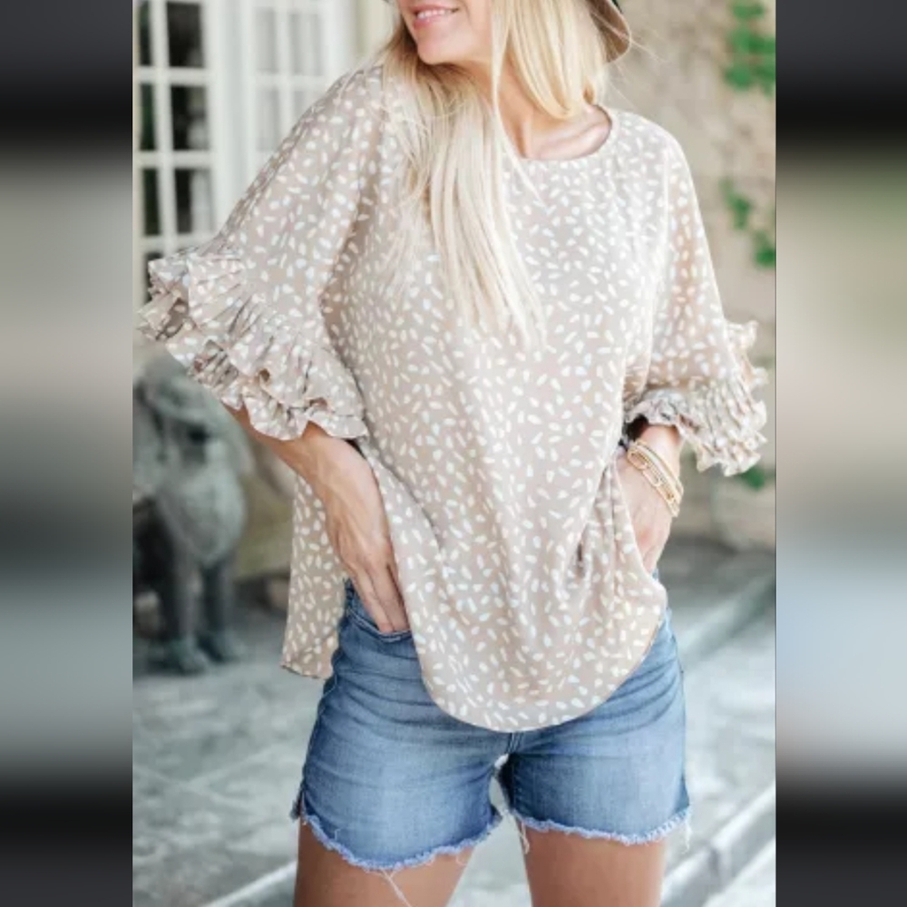Khaki Dolman Ruffled Sleeve Loose Blouse